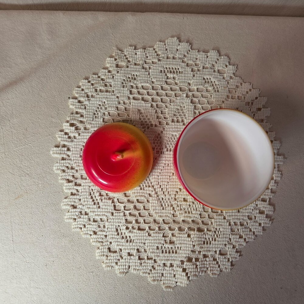 Hazel Atlas Milk Glass Apple Jam Jar 4" Red & Yellow Vintage Kitchen Decor - Picture 7 of 9